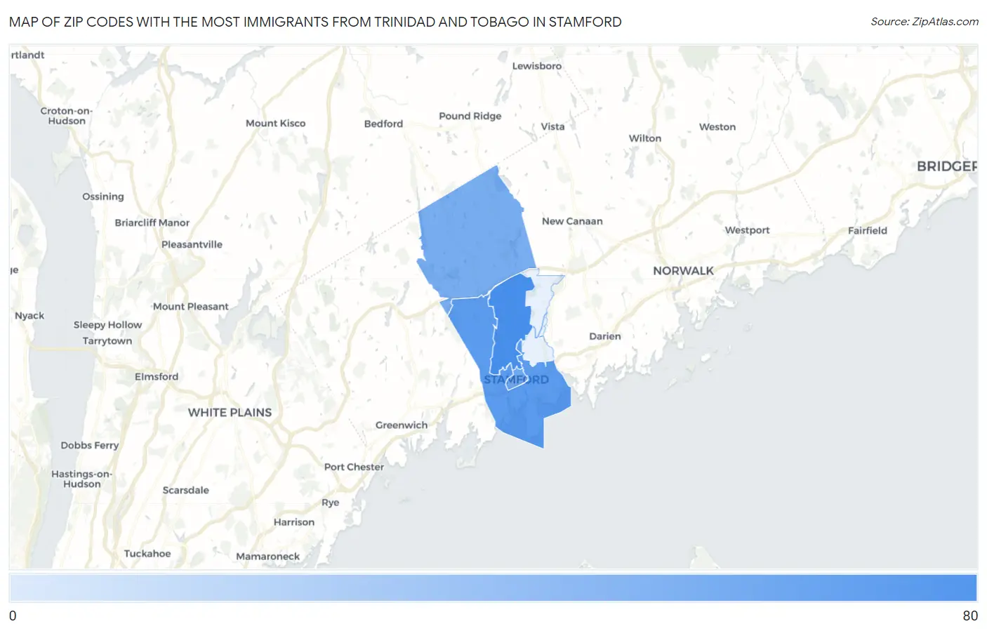 Zip Codes with the Most Immigrants from Trinidad and Tobago in Stamford Map