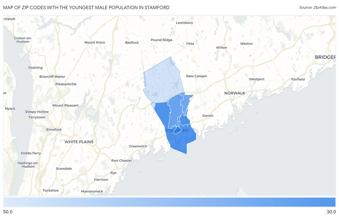 Zip Codes with the Youngest Male Population in Stamford Map