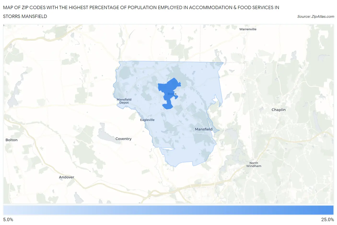 Zip Codes with the Highest Percentage of Population Employed in Accommodation & Food Services in Storrs Mansfield Map