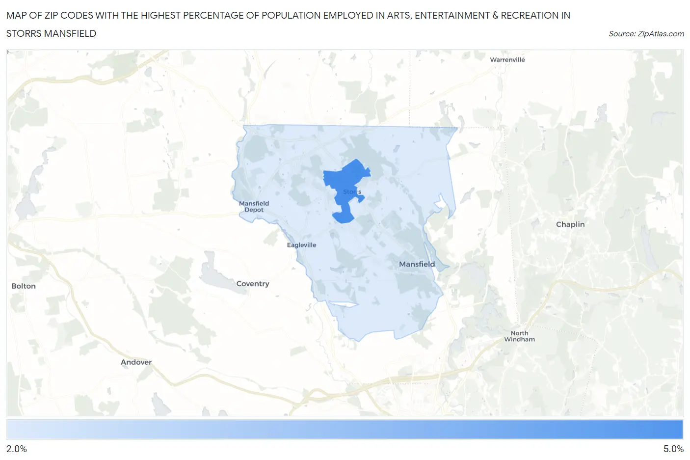 Zip Codes with the Highest Percentage of Population Employed in Arts, Entertainment & Recreation in Storrs Mansfield Map