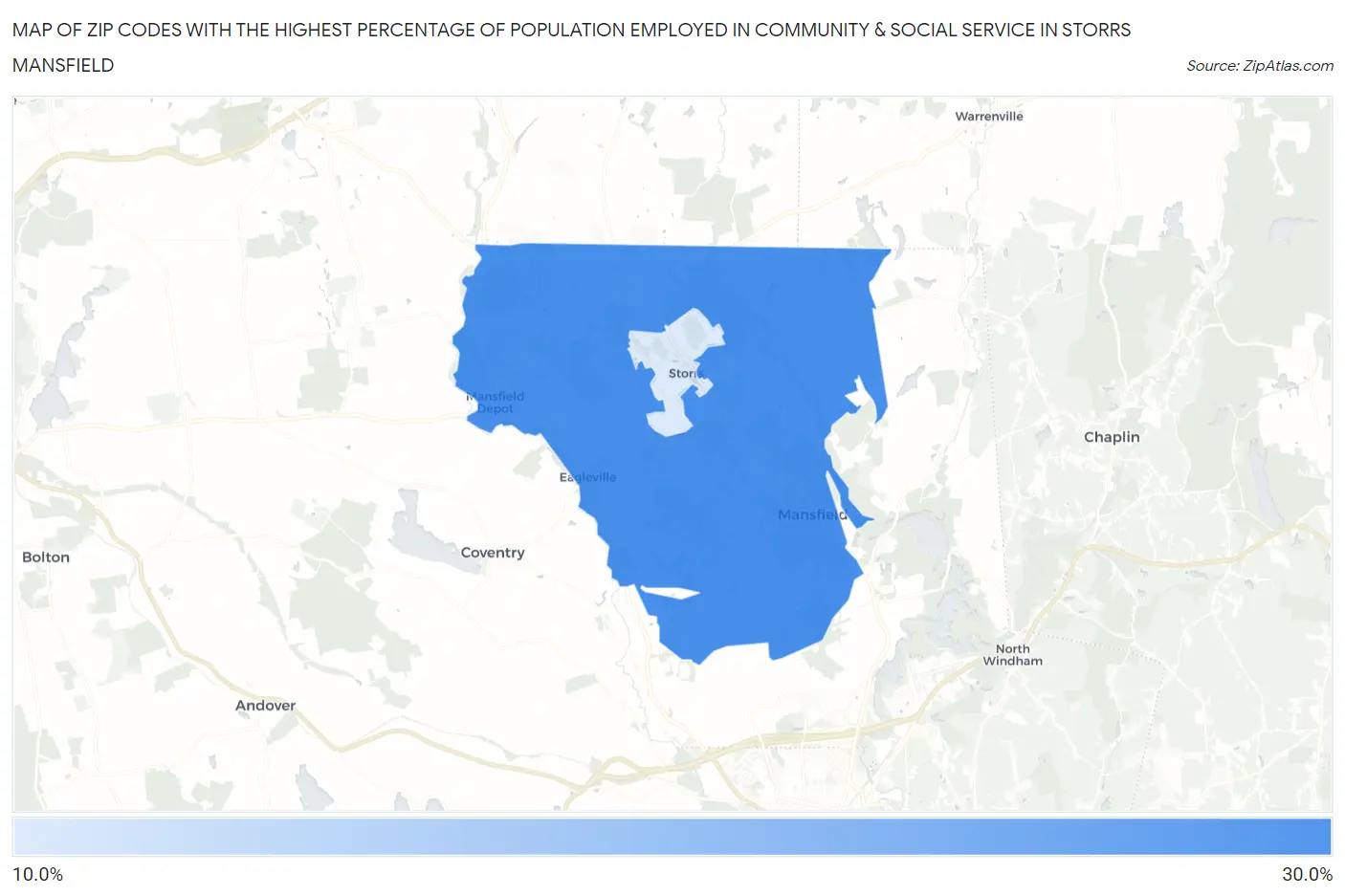 Zip Codes with the Highest Percentage of Population Employed in Community & Social Service  in Storrs Mansfield Map