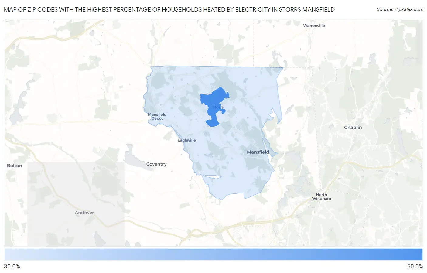 Zip Codes with the Highest Percentage of Households Heated by Electricity in Storrs Mansfield Map