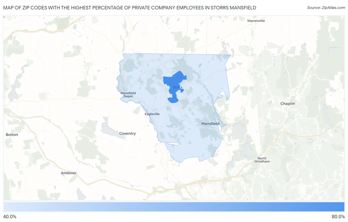 Zip Codes with the Highest Percentage of Private Company Employees in Storrs Mansfield Map