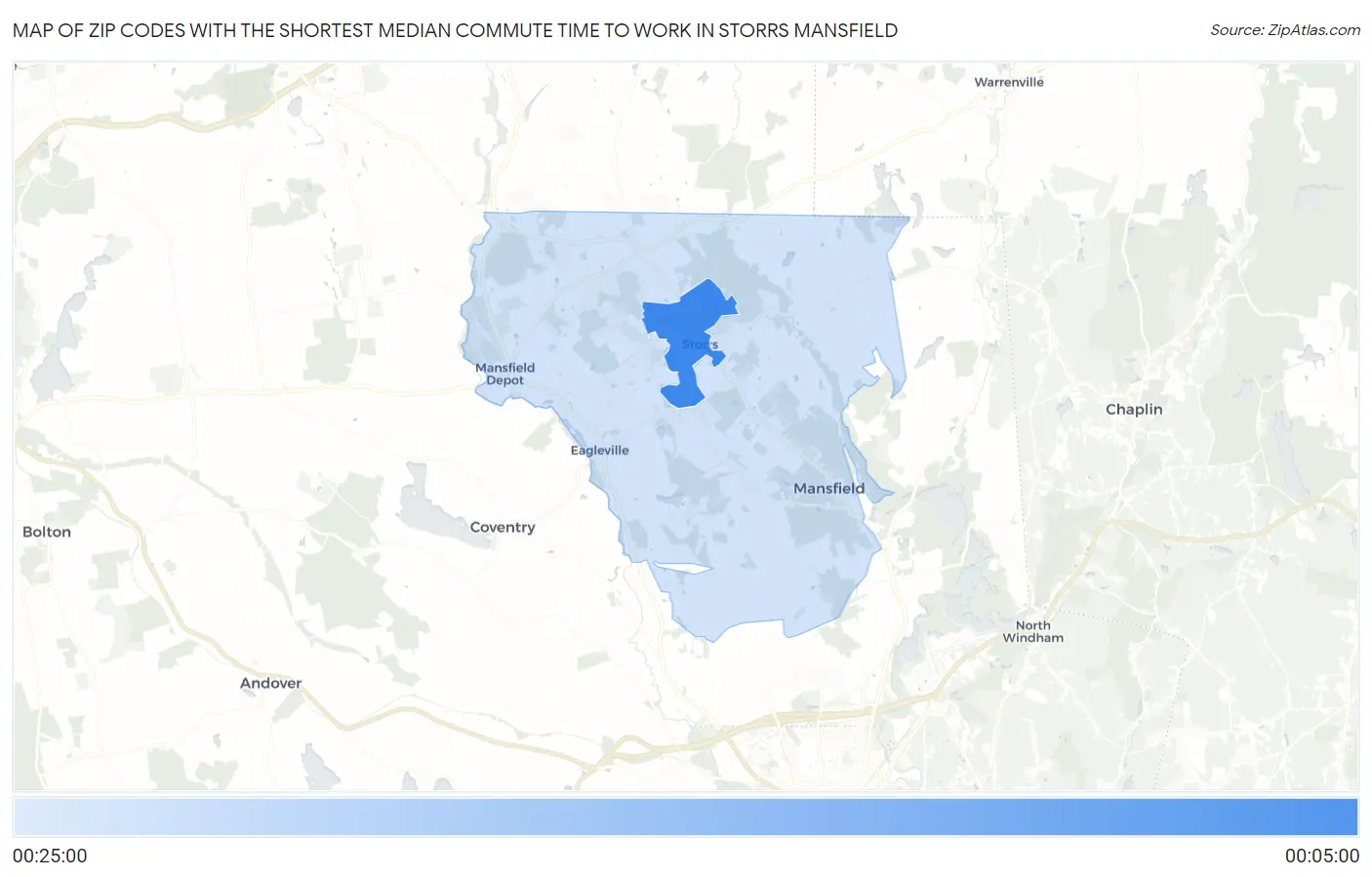 Zip Codes with the Shortest Median Commute Time to Work in Storrs Mansfield Map