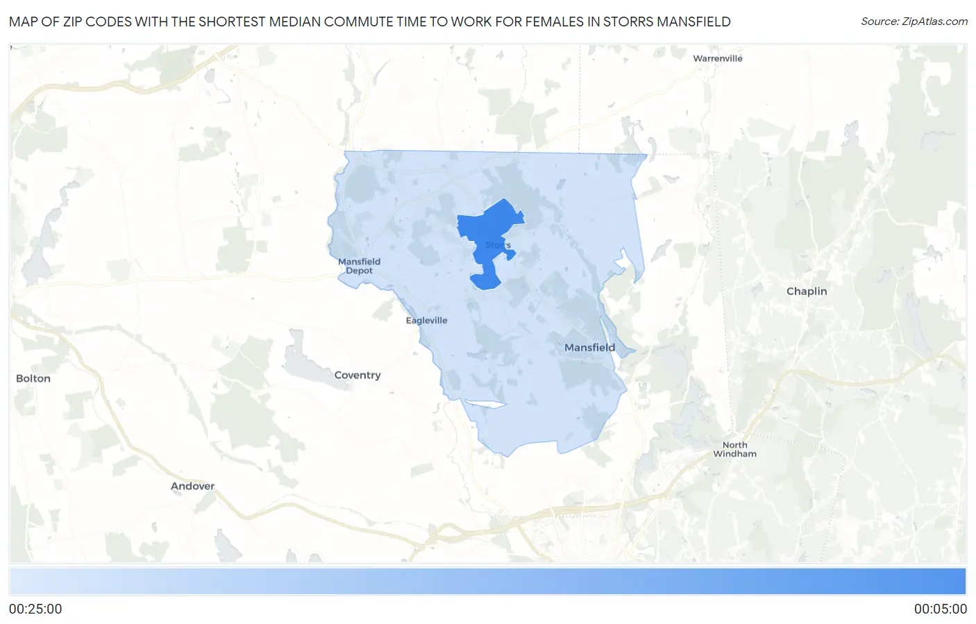Zip Codes with the Shortest Median Commute Time to Work for Females in Storrs Mansfield Map