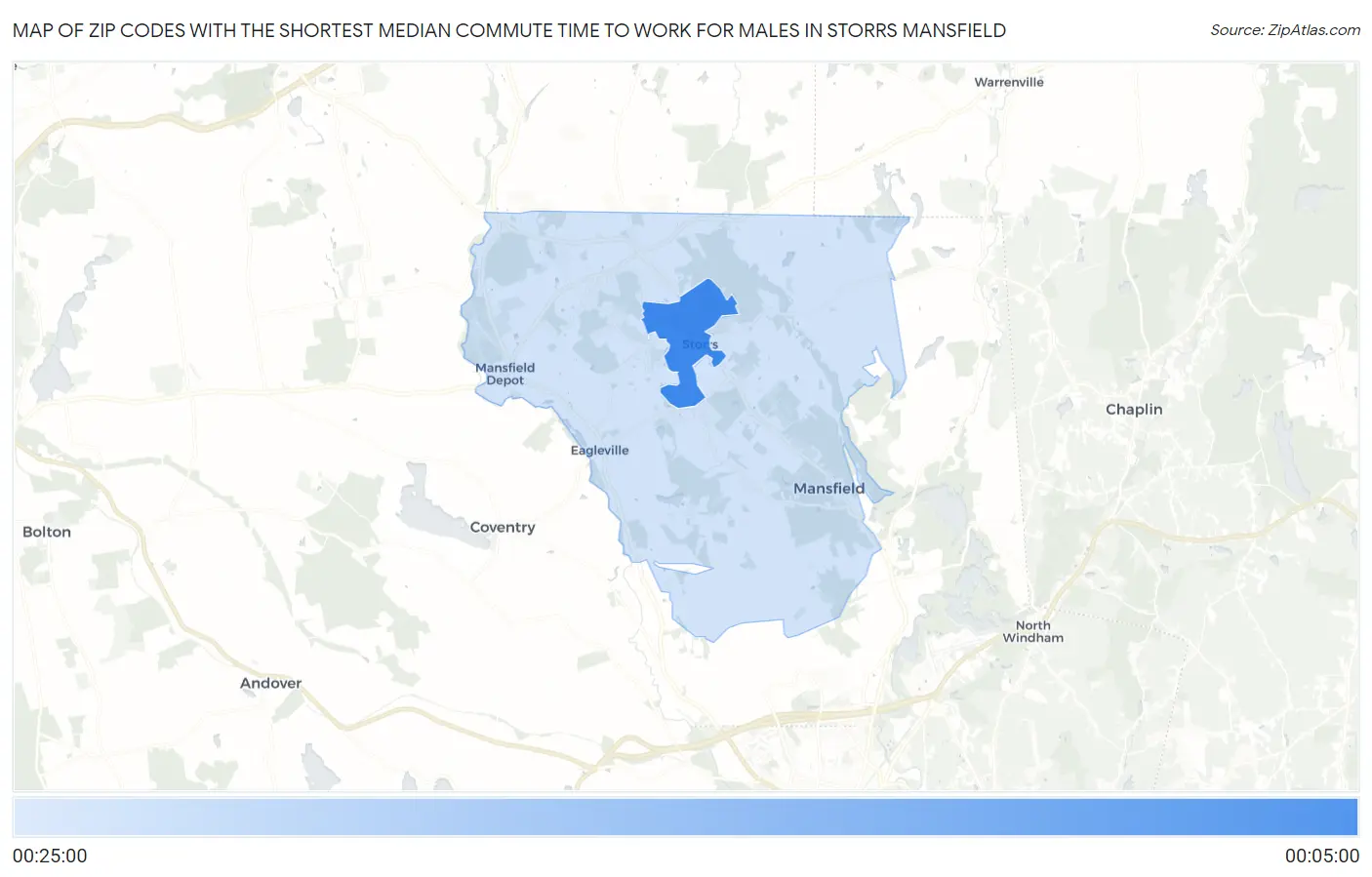 Zip Codes with the Shortest Median Commute Time to Work for Males in Storrs Mansfield Map