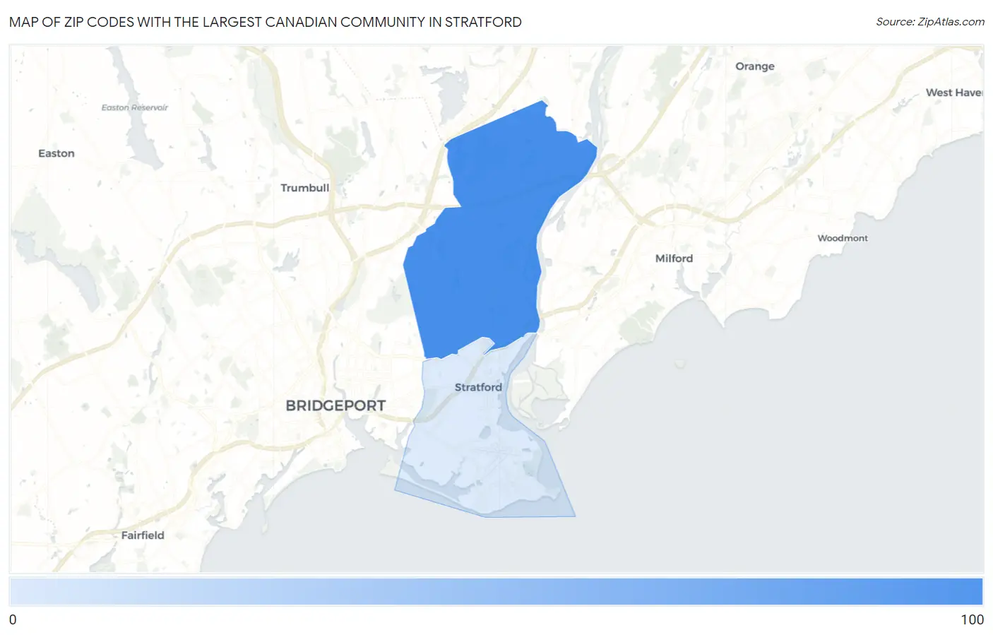 Zip Codes with the Largest Canadian Community in Stratford Map