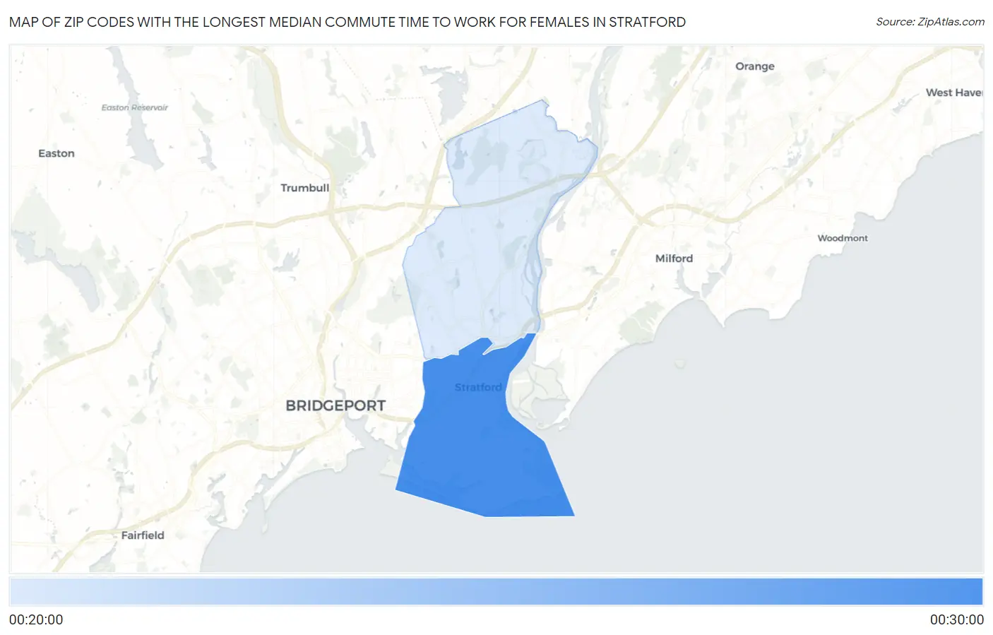 Zip Codes with the Longest Median Commute Time to Work for Females in Stratford Map