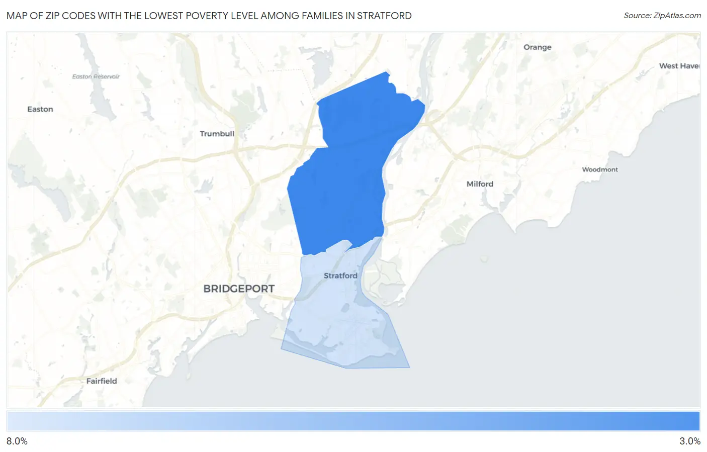 Zip Codes with the Lowest Poverty Level Among Families in Stratford Map