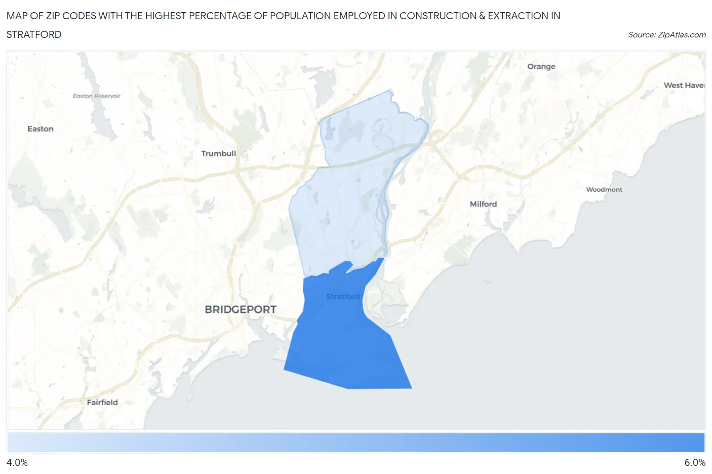 Zip Codes with the Highest Percentage of Population Employed in Construction & Extraction in Stratford Map