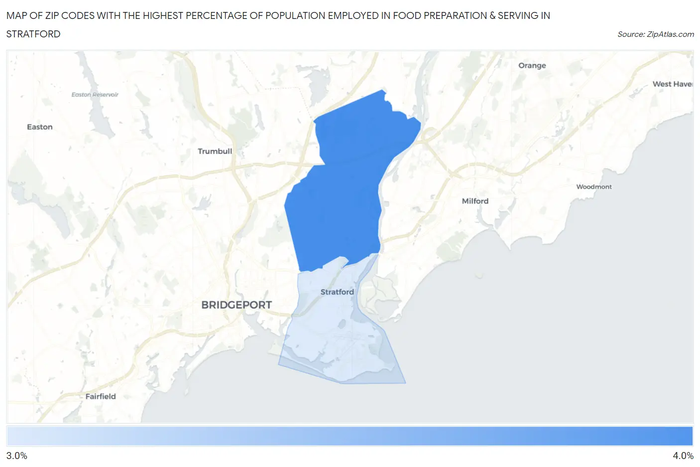 Zip Codes with the Highest Percentage of Population Employed in Food Preparation & Serving in Stratford Map