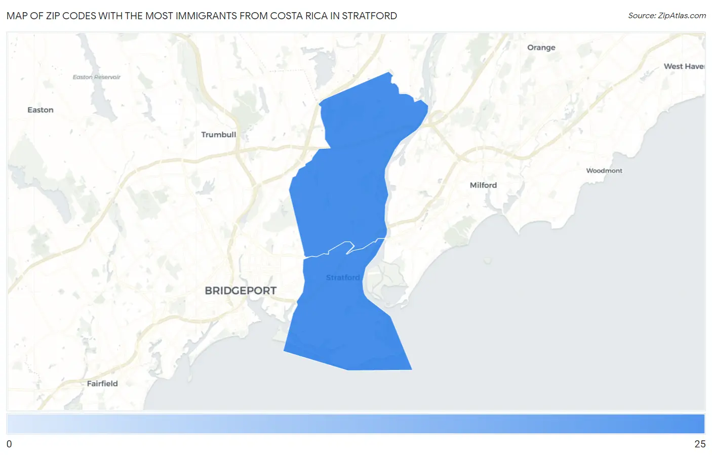 Zip Codes with the Most Immigrants from Costa Rica in Stratford Map