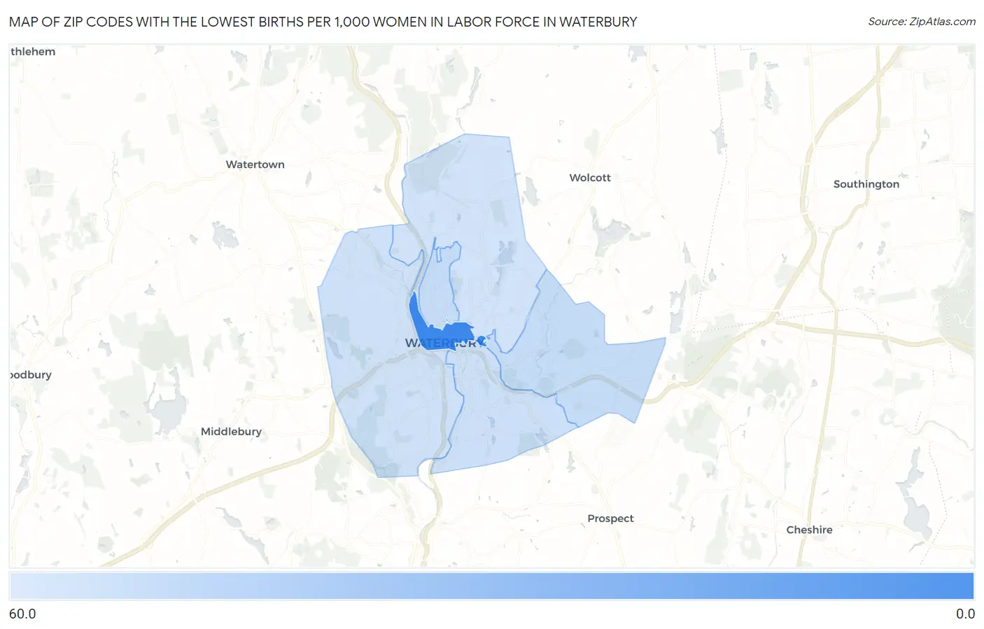 Zip Codes with the Lowest Births per 1,000 Women in Labor Force in Waterbury Map