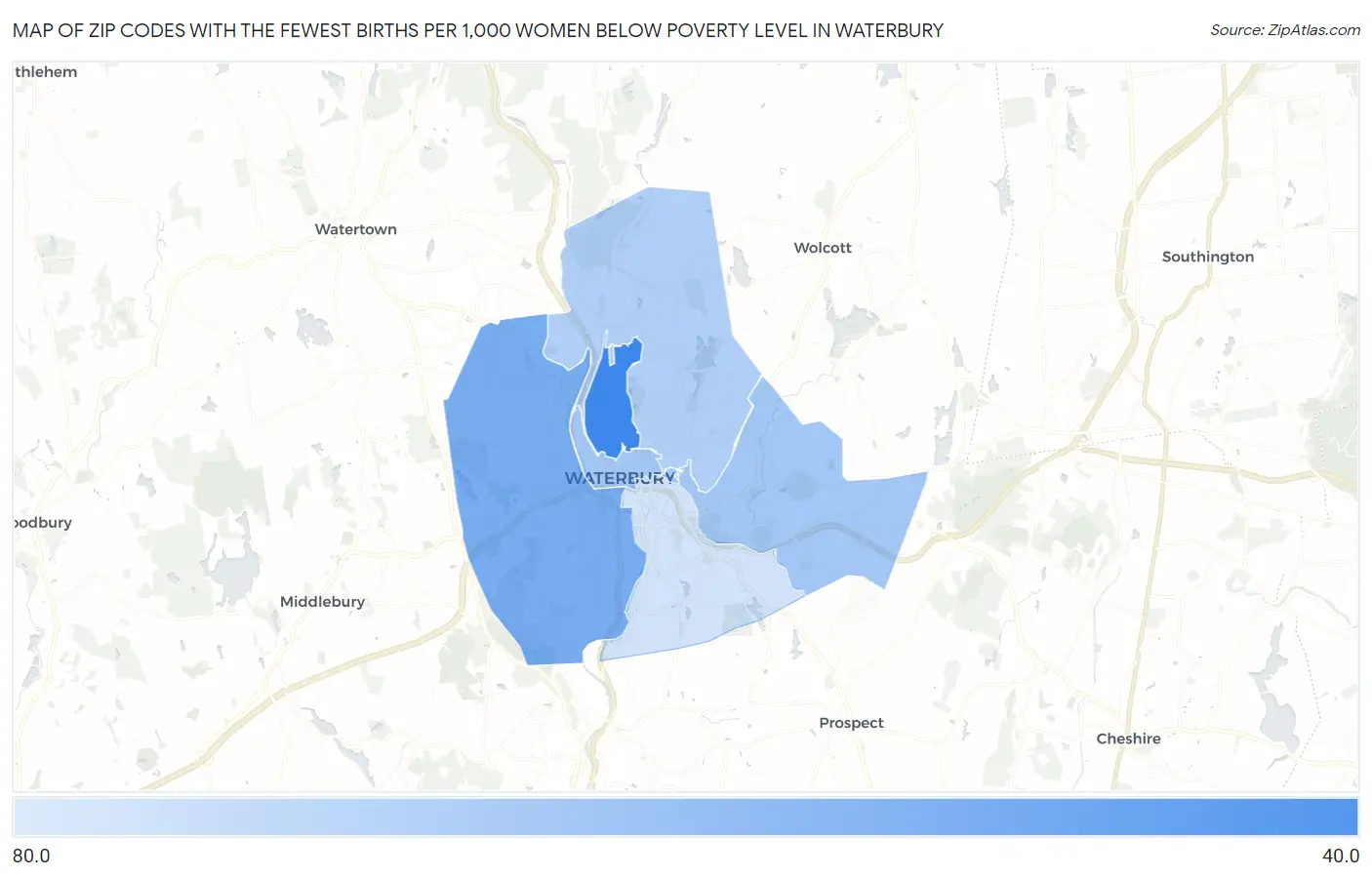 Zip Codes with the Fewest Births per 1,000 Women Below Poverty Level in Waterbury Map