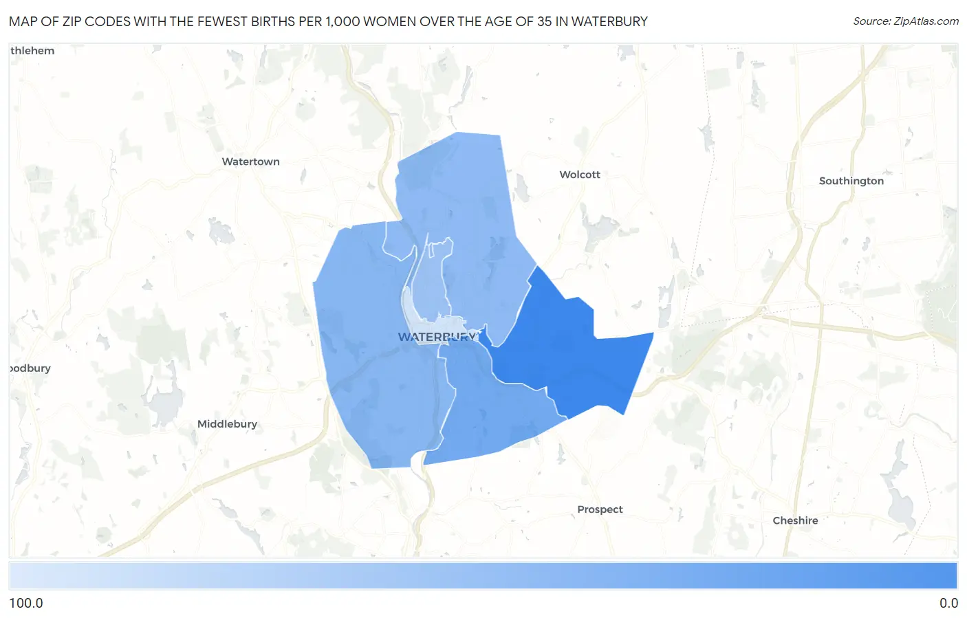Zip Codes with the Fewest Births per 1,000 Women Over the Age of 35 in Waterbury Map