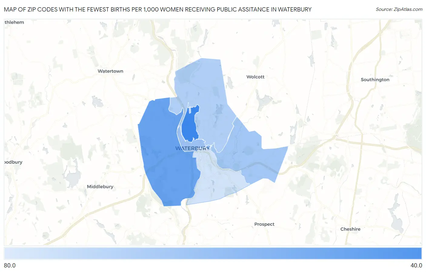 Zip Codes with the Fewest Births per 1,000 Women Receiving Public Assitance in Waterbury Map