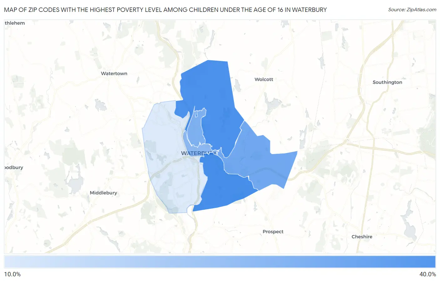 Zip Codes with the Highest Poverty Level Among Children Under the Age of 16 in Waterbury Map