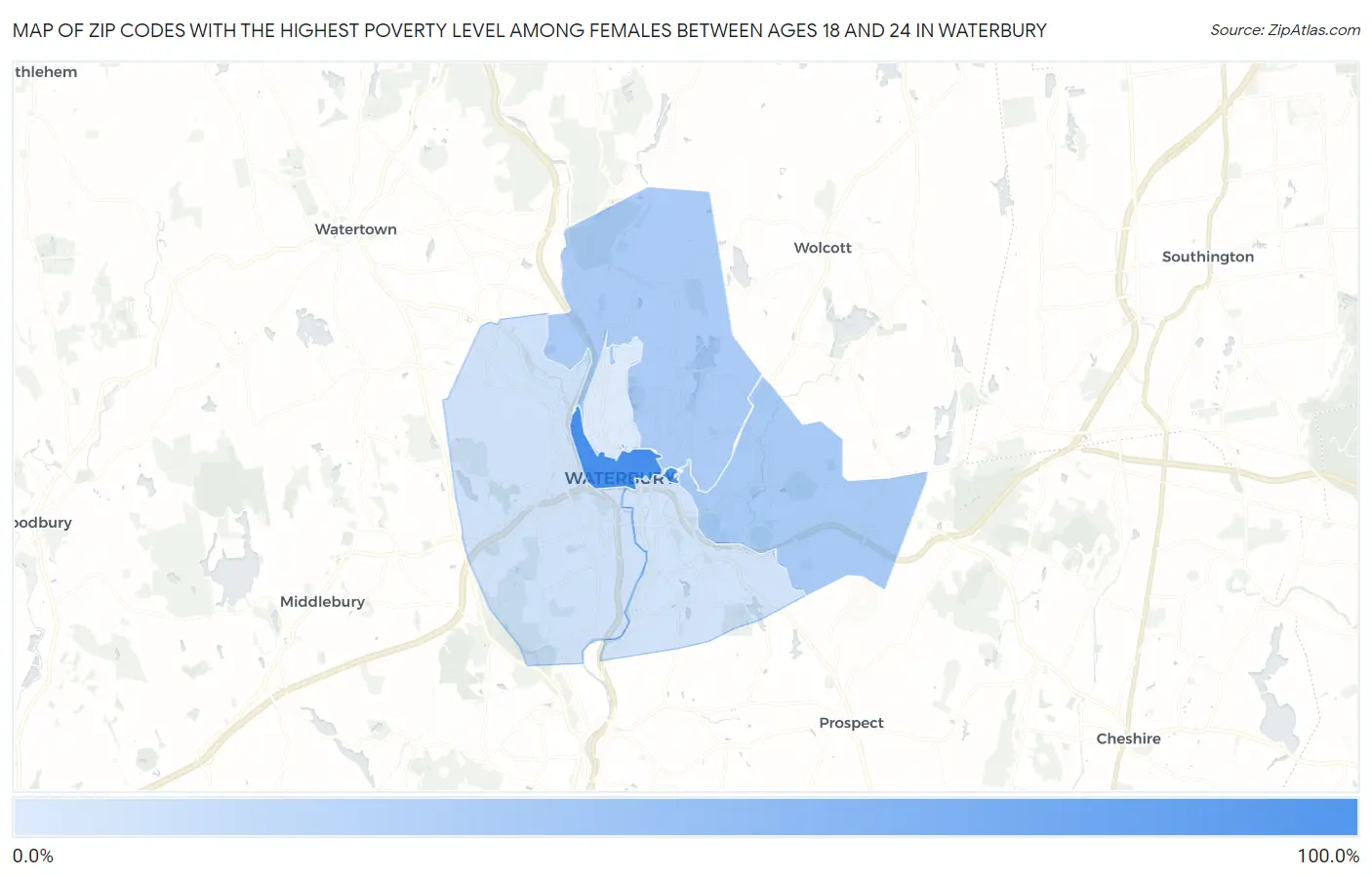 Zip Codes with the Highest Poverty Level Among Females Between Ages 18 and 24 in Waterbury Map