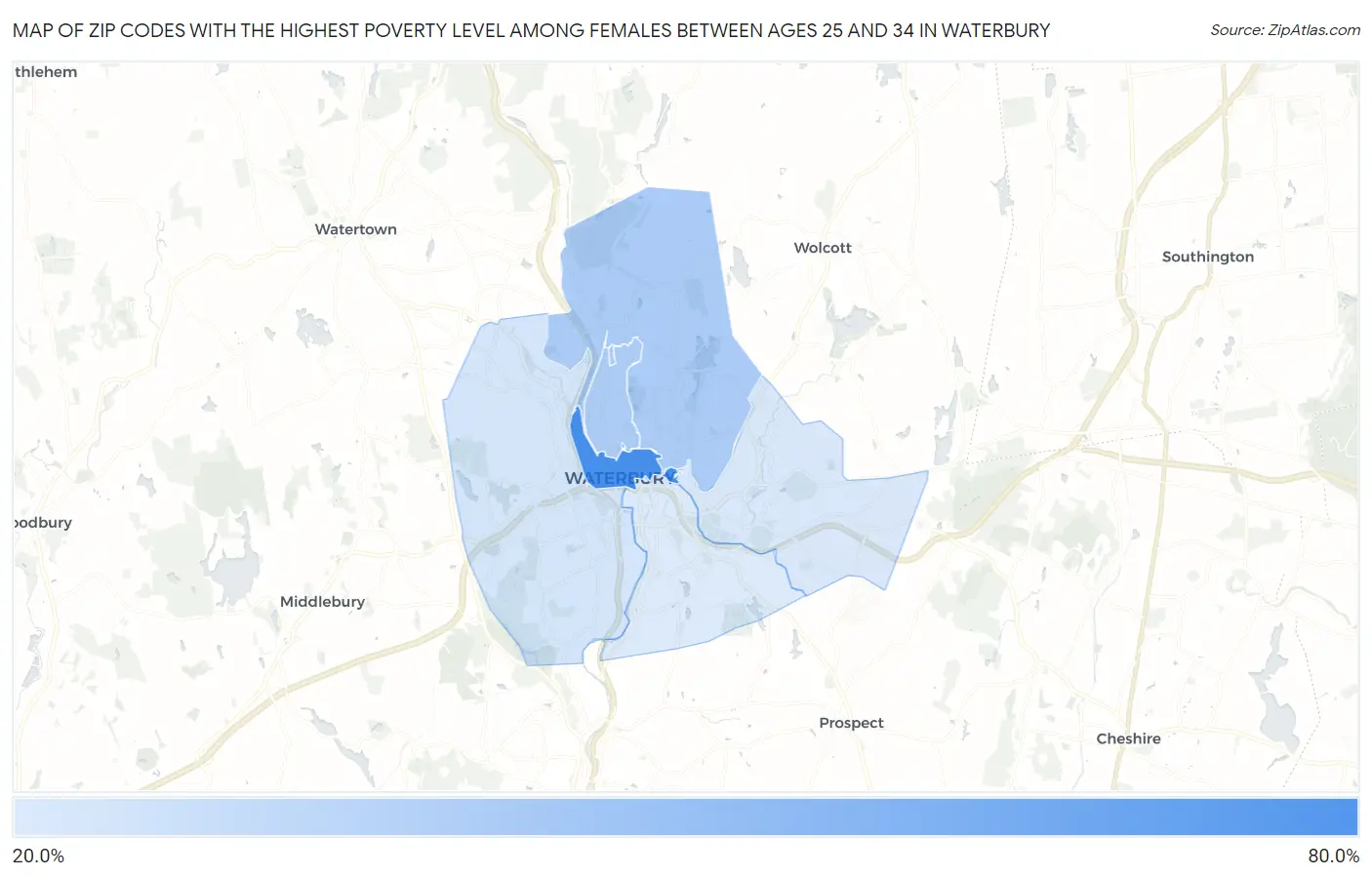 Zip Codes with the Highest Poverty Level Among Females Between Ages 25 and 34 in Waterbury Map