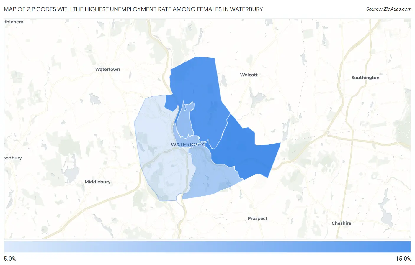 Zip Codes with the Highest Unemployment Rate Among Females in Waterbury Map