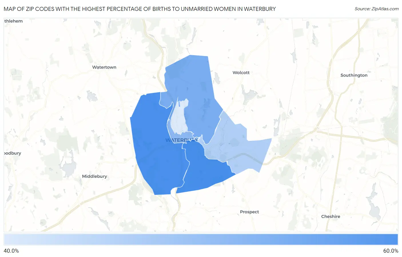 Zip Codes with the Highest Percentage of Births to Unmarried Women in Waterbury Map