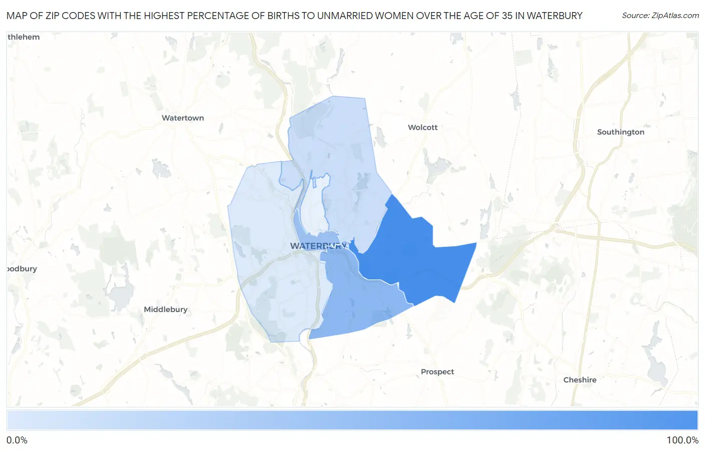 Zip Codes with the Highest Percentage of Births to Unmarried Women over the Age of 35 in Waterbury Map