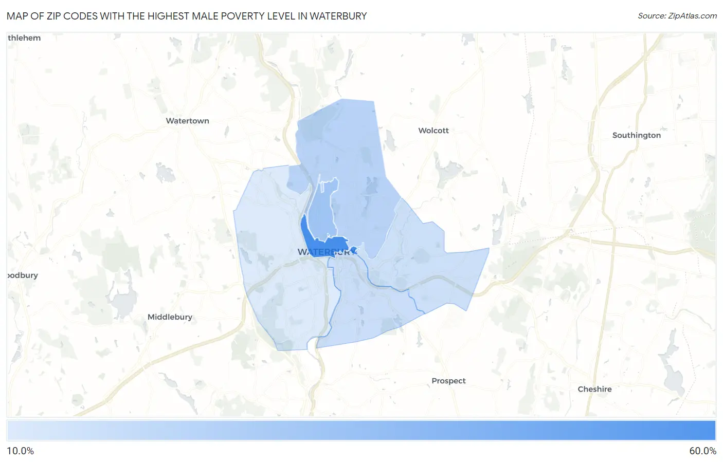 Zip Codes with the Highest Male Poverty Level in Waterbury Map
