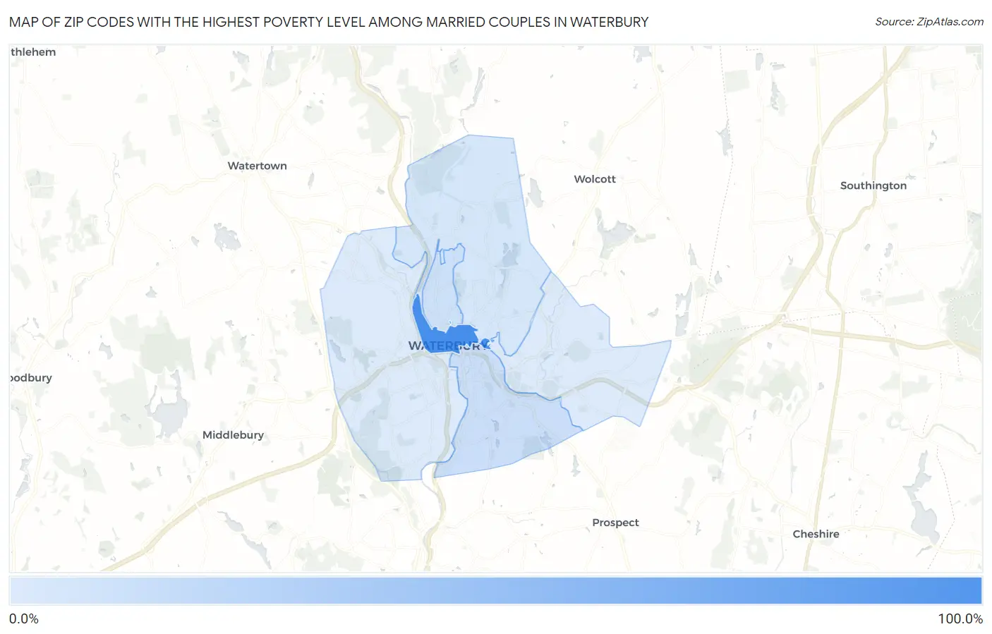 Zip Codes with the Highest Poverty Level Among Married Couples in Waterbury Map