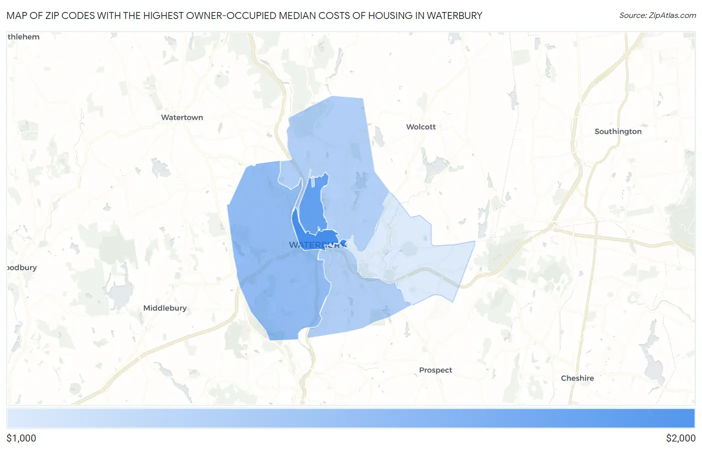 Zip Codes with the Highest Owner-Occupied Median Costs of Housing in Waterbury Map