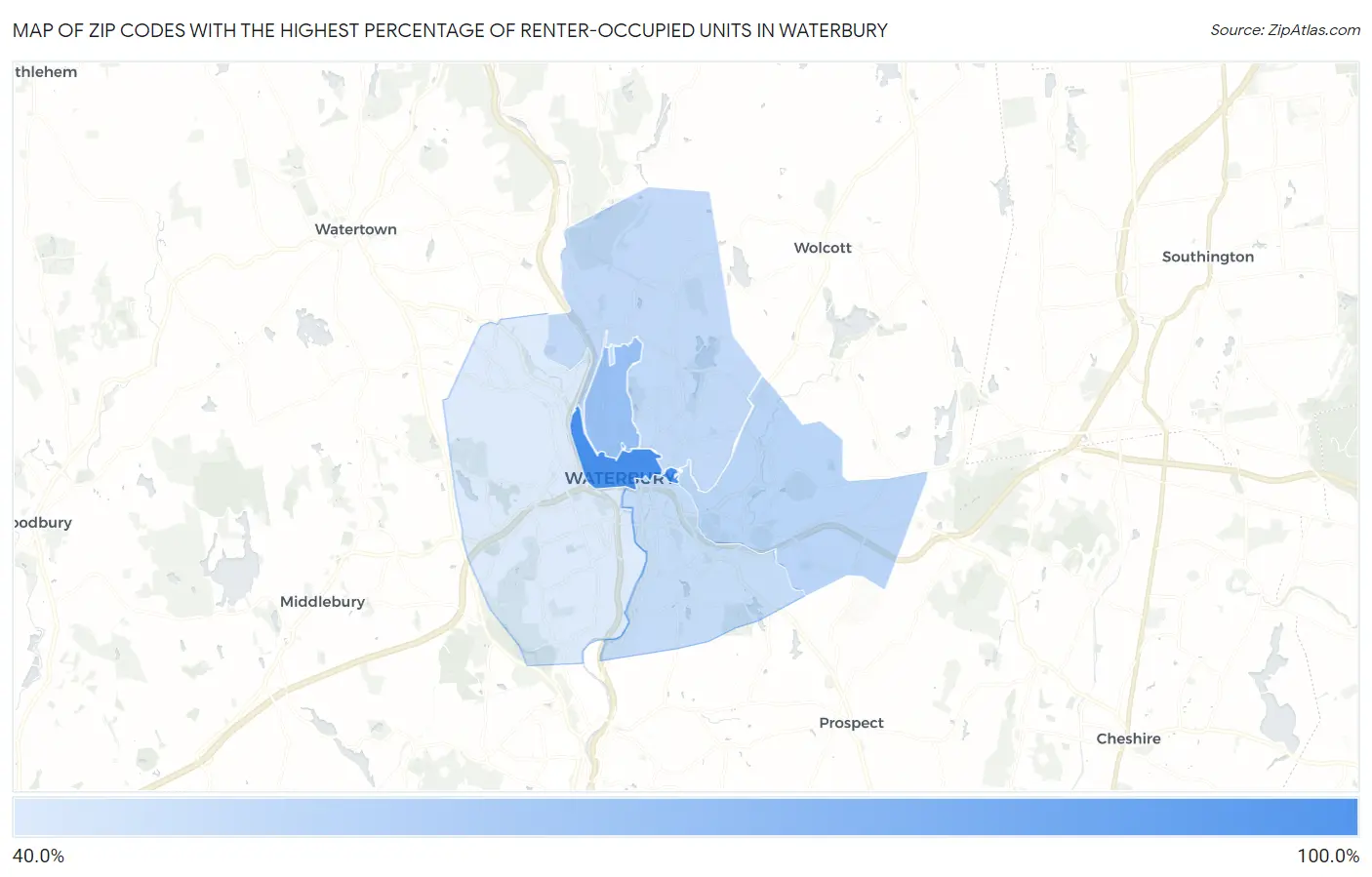 Zip Codes with the Highest Percentage of Renter-Occupied Units in Waterbury Map