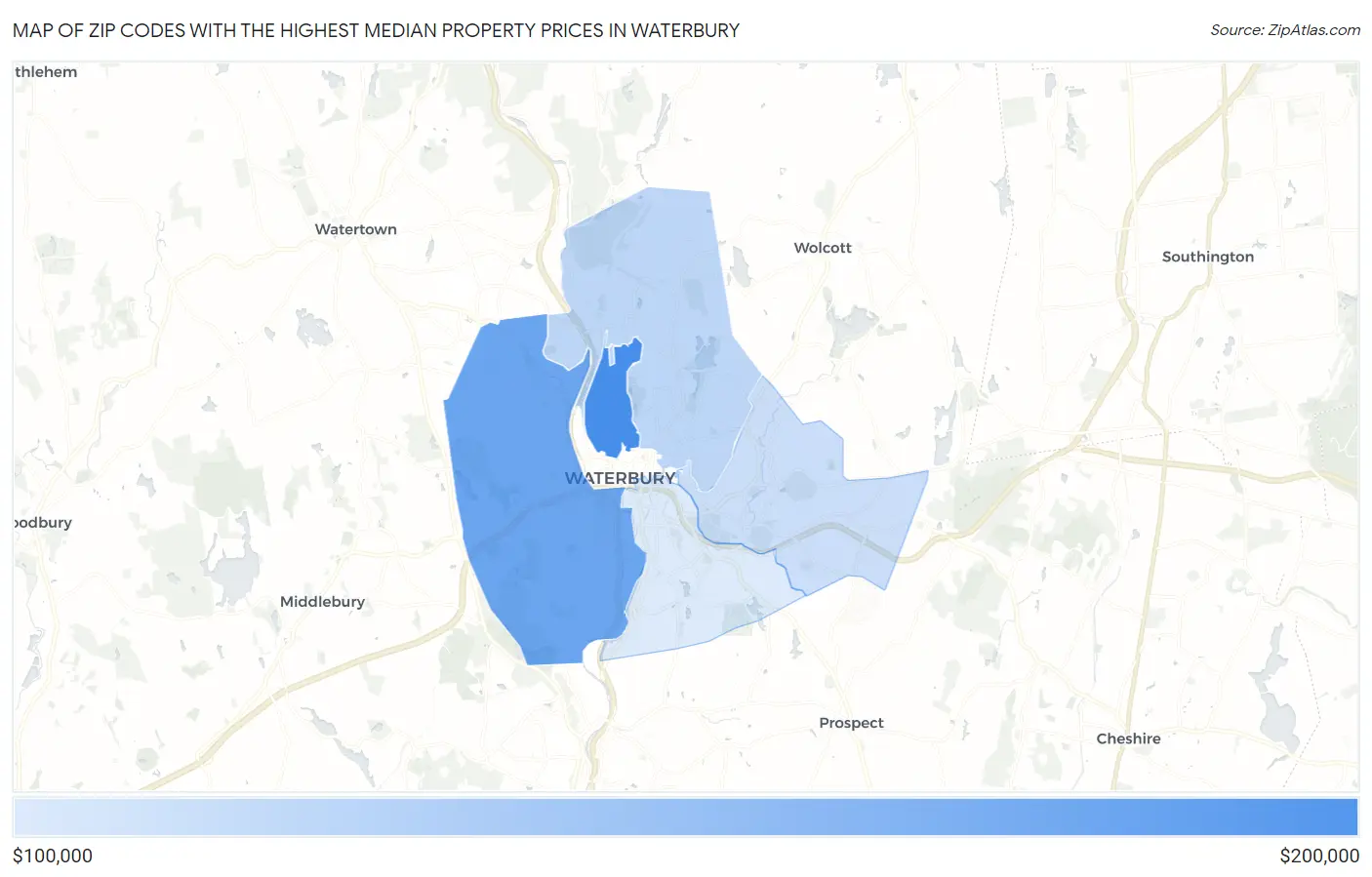 Zip Codes with the Highest Median Property Prices in Waterbury Map