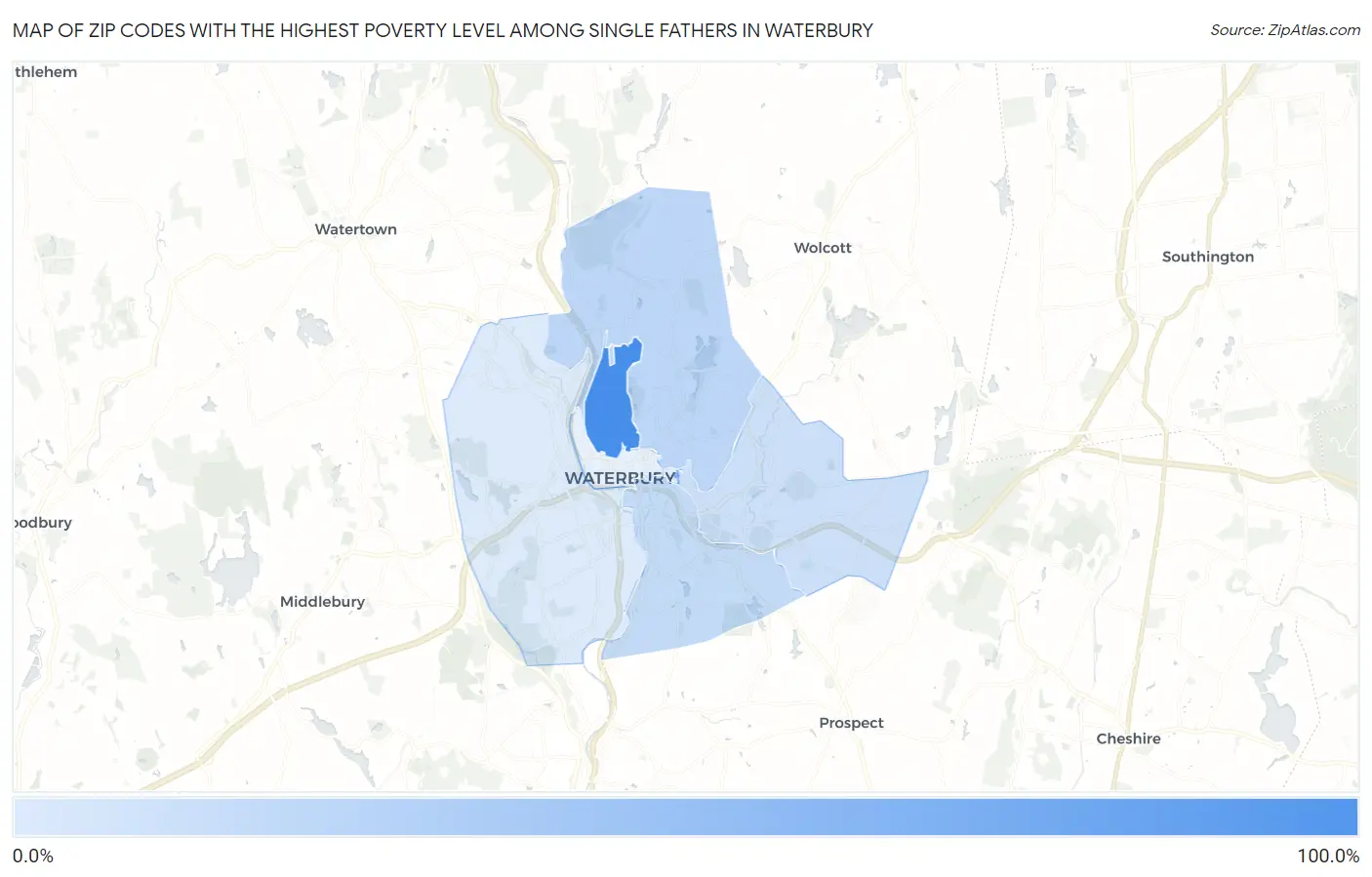 Zip Codes with the Highest Poverty Level Among Single Fathers in Waterbury Map