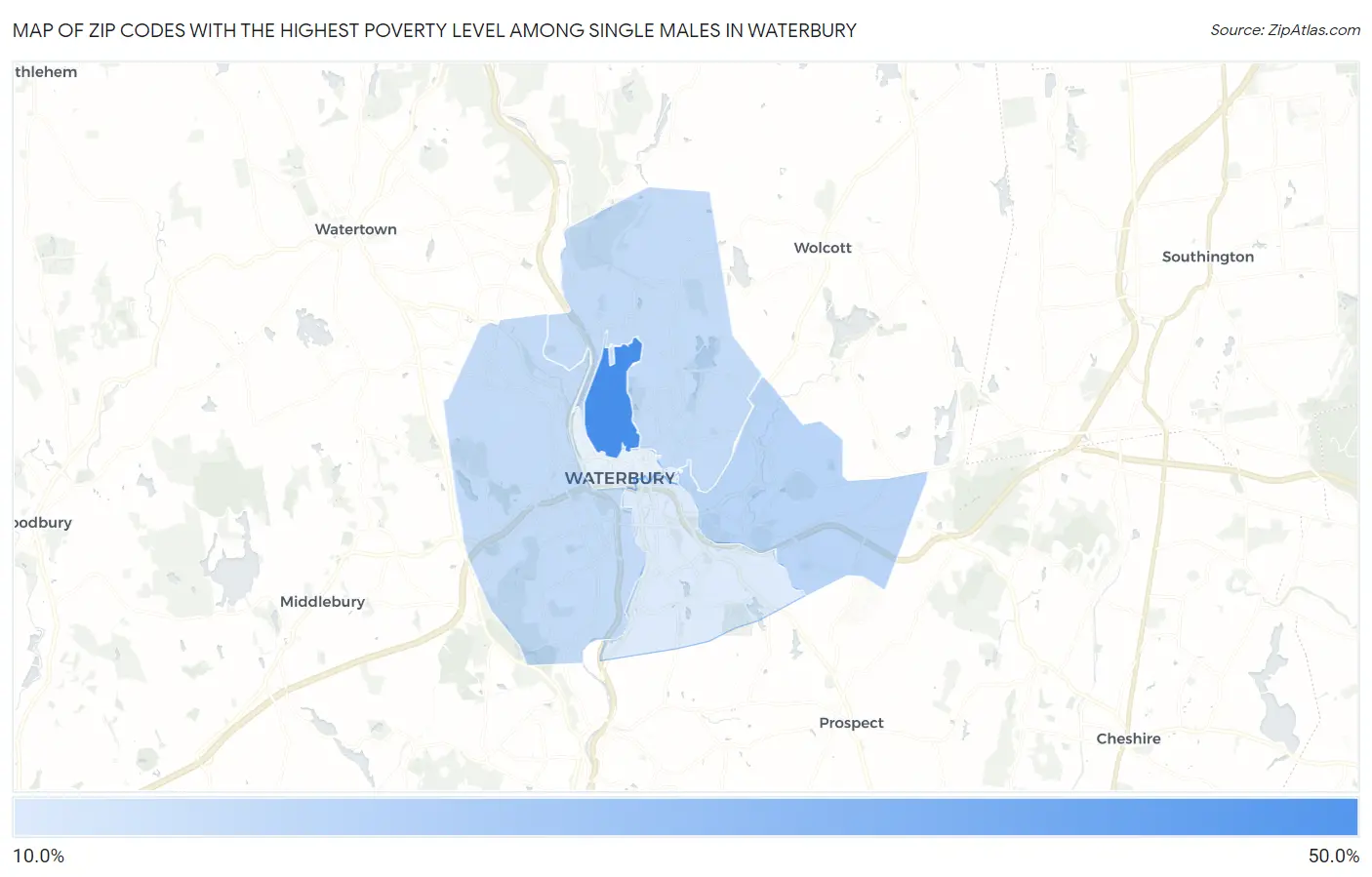 Zip Codes with the Highest Poverty Level Among Single Males in Waterbury Map