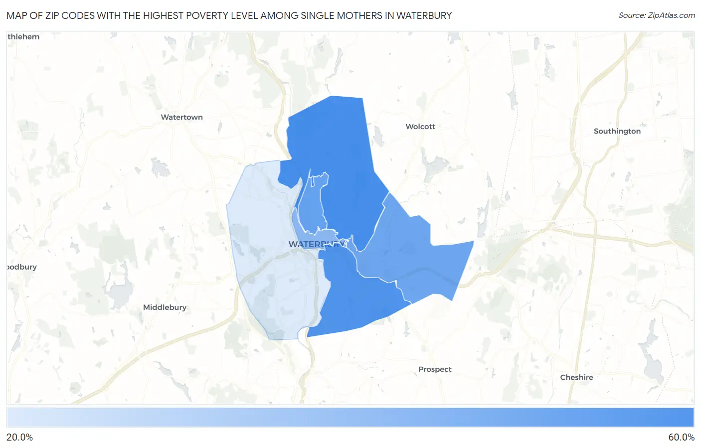 Zip Codes with the Highest Poverty Level Among Single Mothers in Waterbury Map