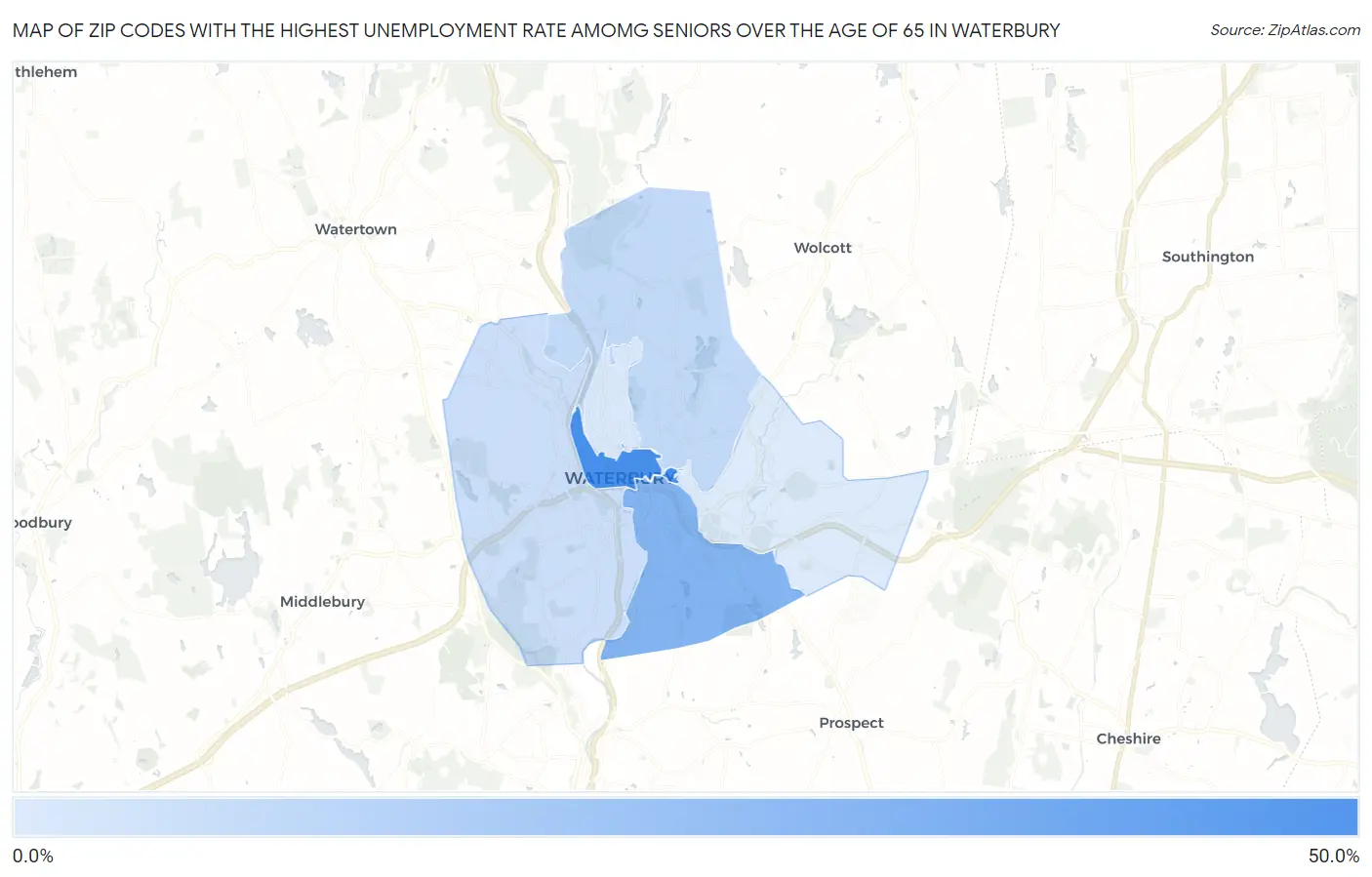 Zip Codes with the Highest Unemployment Rate Amomg Seniors Over the Age of 65 in Waterbury Map