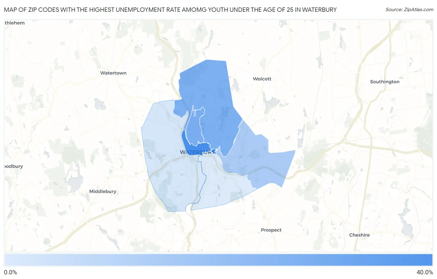 Zip Codes with the Highest Unemployment Rate Amomg Youth Under the Age of 25 in Waterbury Map
