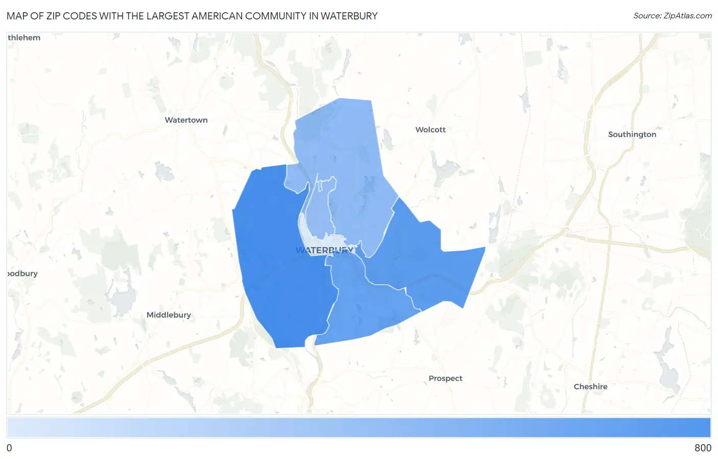 Zip Codes with the Largest American Community in Waterbury Map