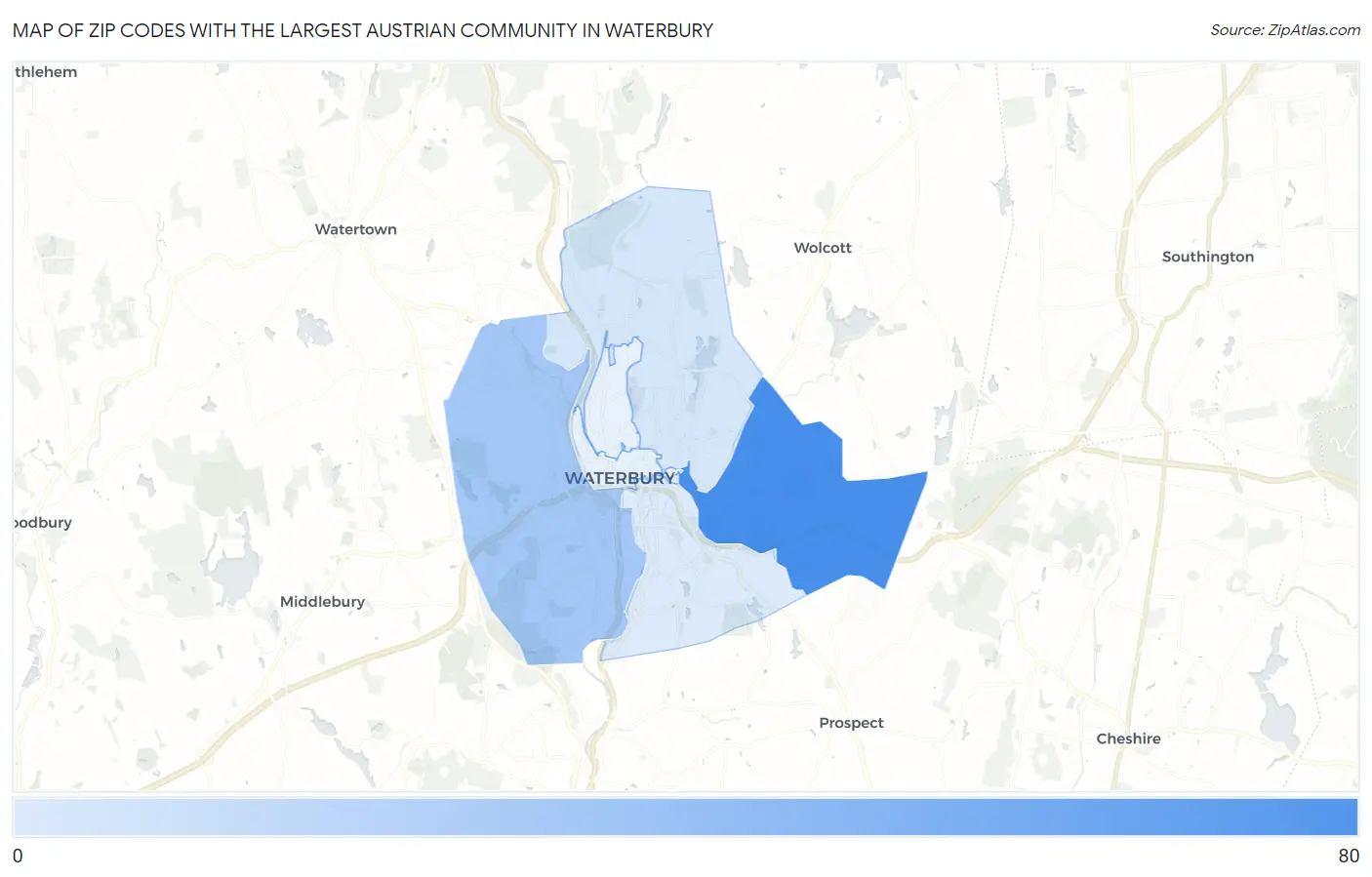 Zip Codes with the Largest Austrian Community in Waterbury Map