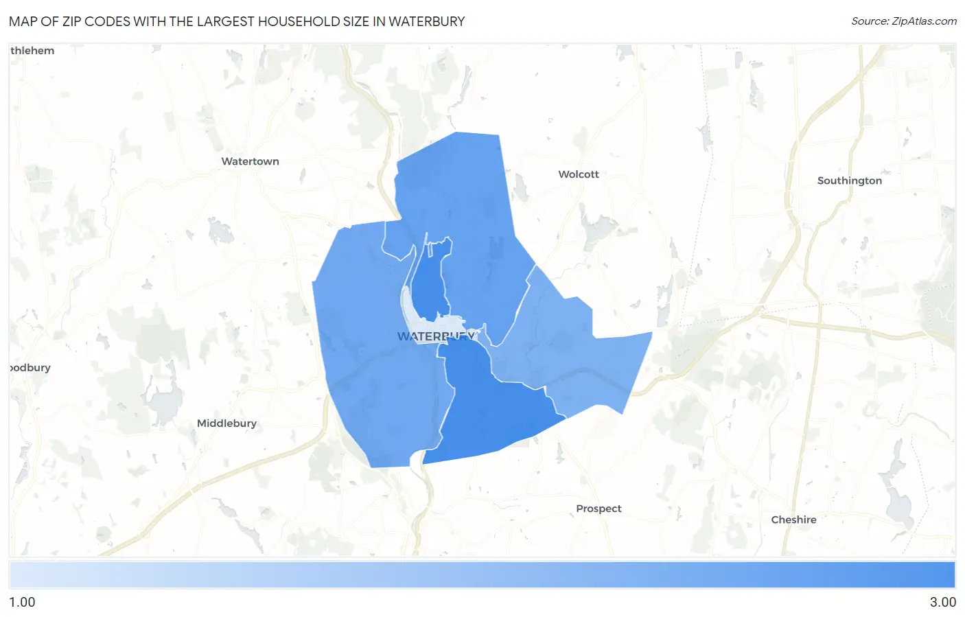 Zip Codes with the Largest Household Size in Waterbury Map