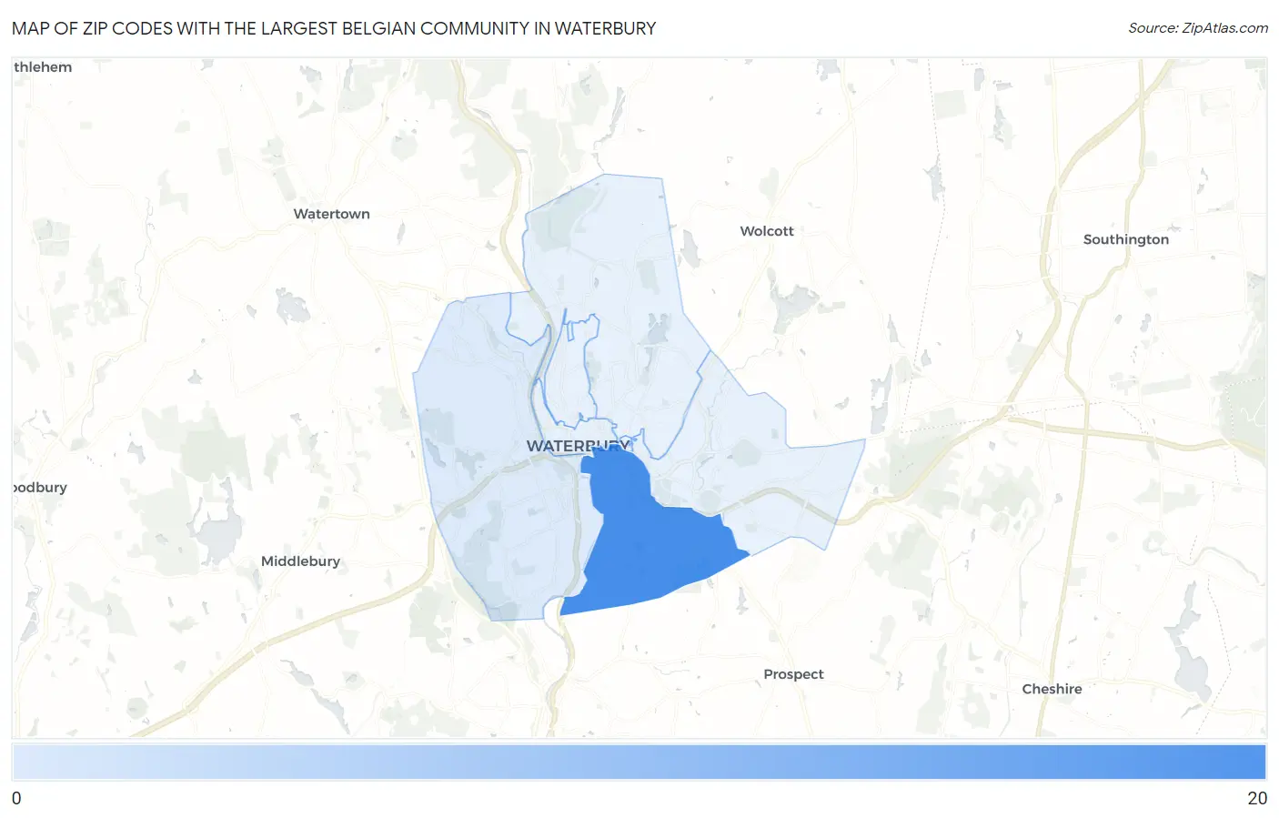 Zip Codes with the Largest Belgian Community in Waterbury Map