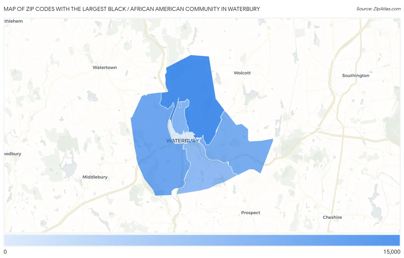 Zip Codes with the Largest Black / African American Community in Waterbury Map