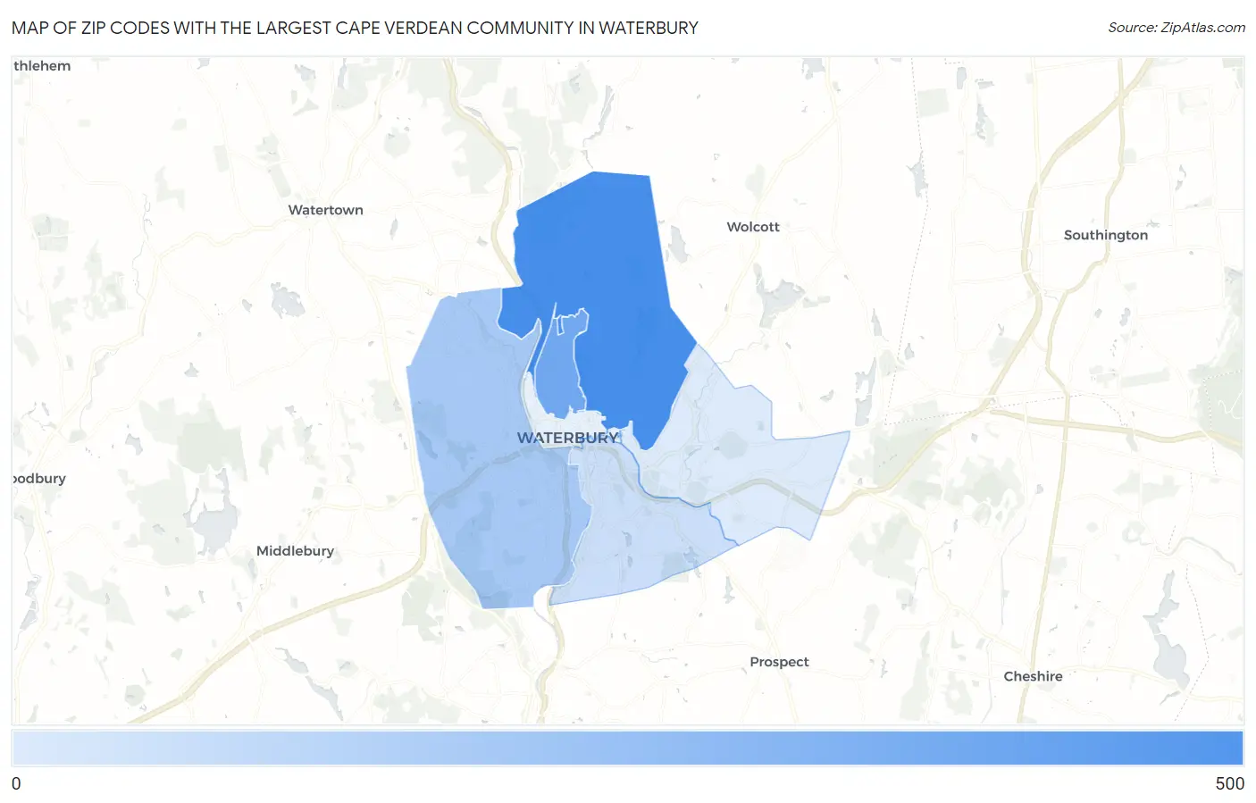 Zip Codes with the Largest Cape Verdean Community in Waterbury Map