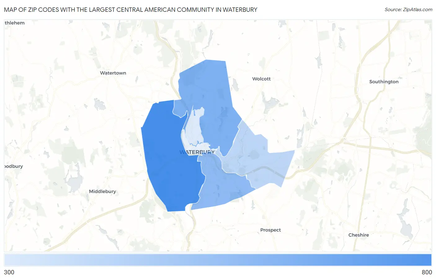 Zip Codes with the Largest Central American Community in Waterbury Map