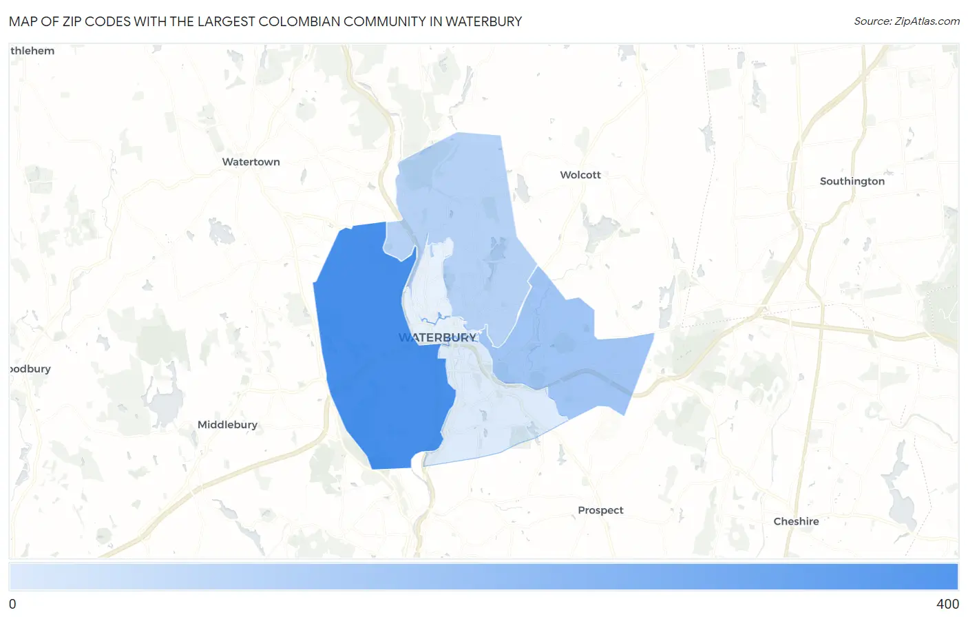 Zip Codes with the Largest Colombian Community in Waterbury Map
