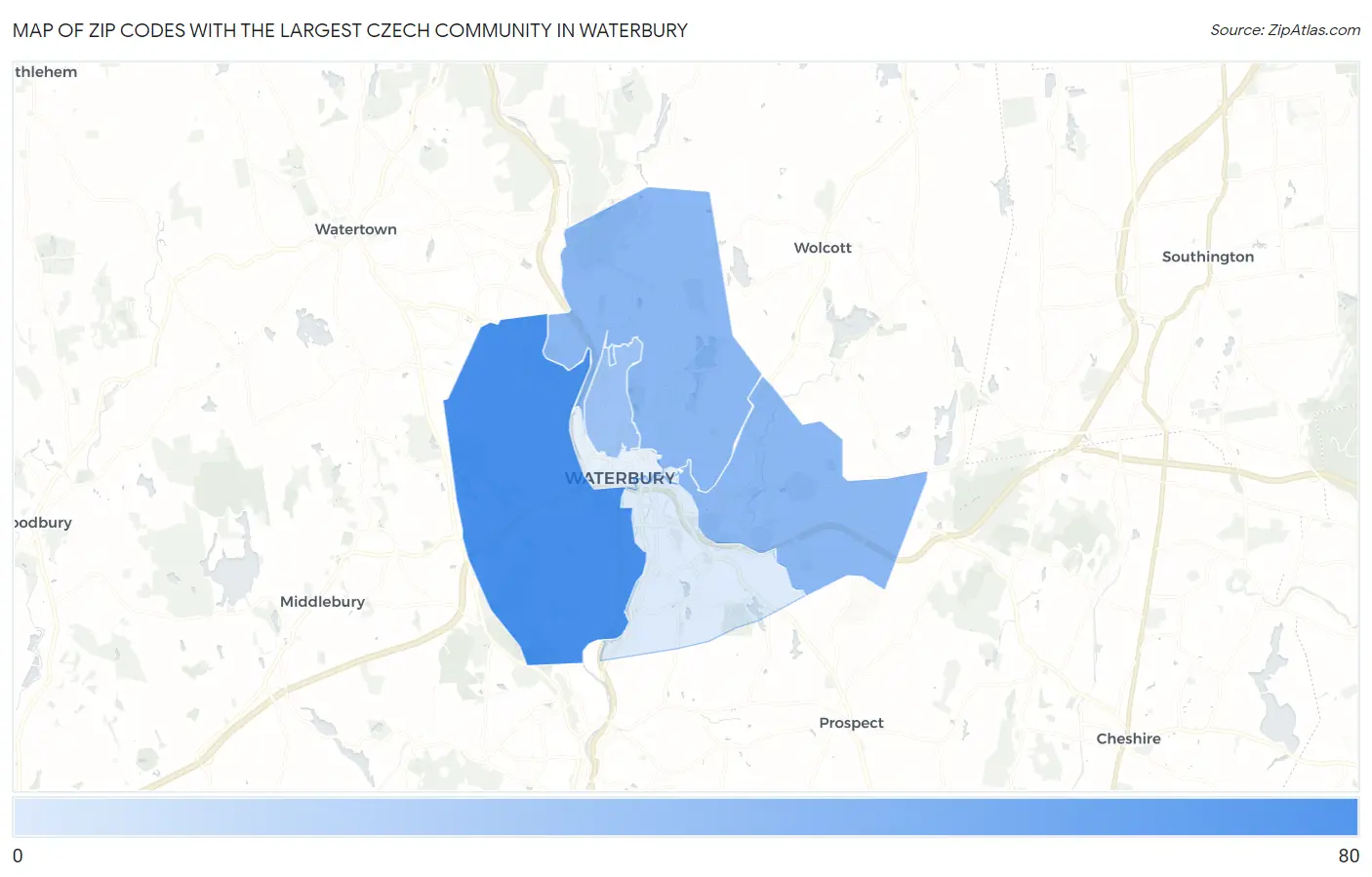 Zip Codes with the Largest Czech Community in Waterbury Map