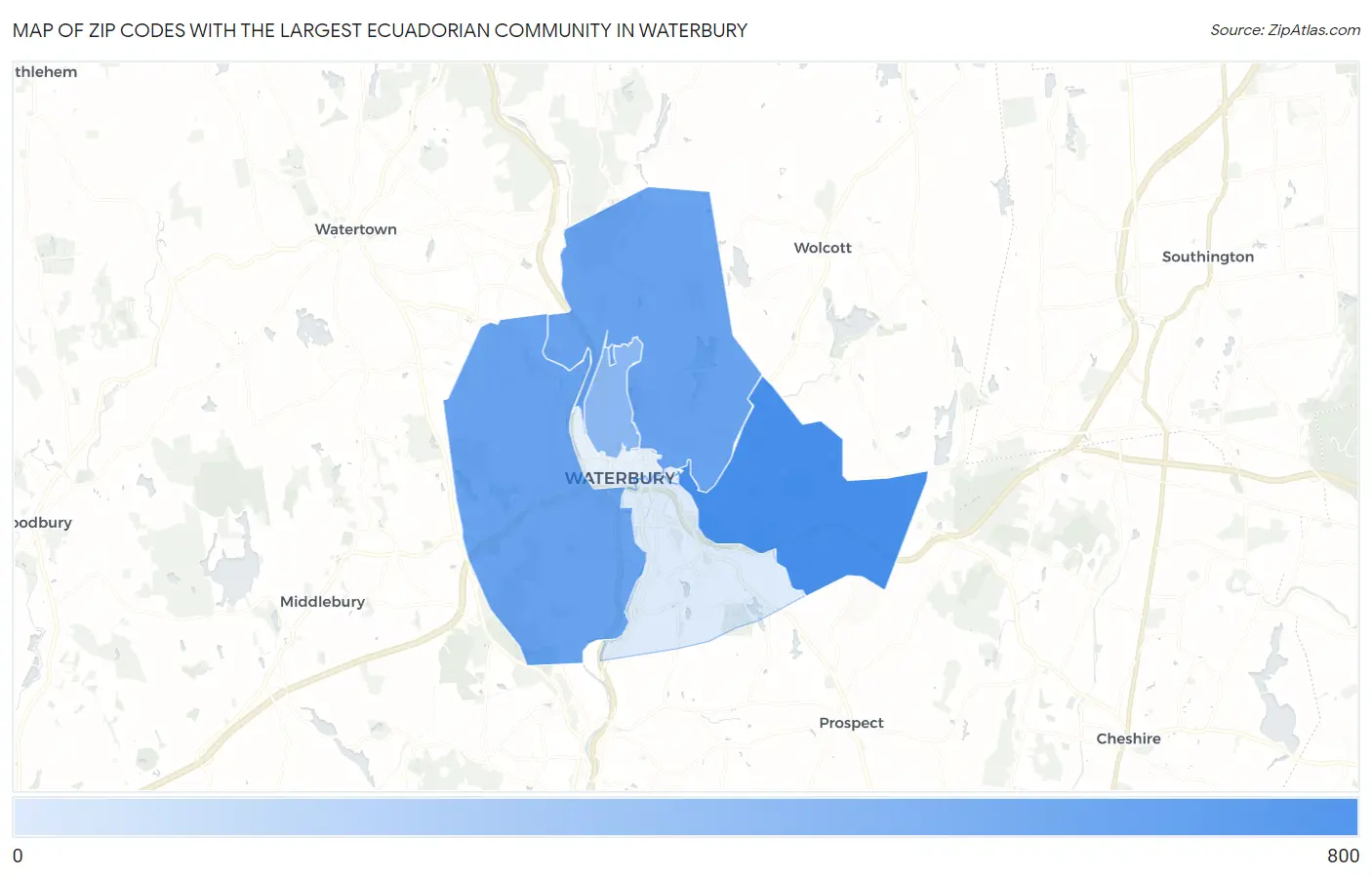Zip Codes with the Largest Ecuadorian Community in Waterbury Map