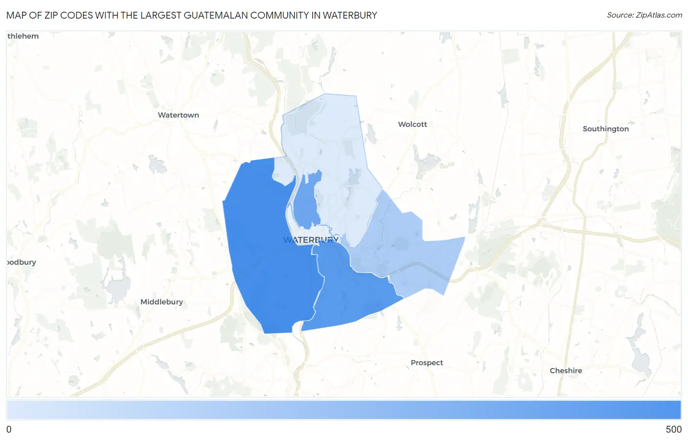 Zip Codes with the Largest Guatemalan Community in Waterbury Map