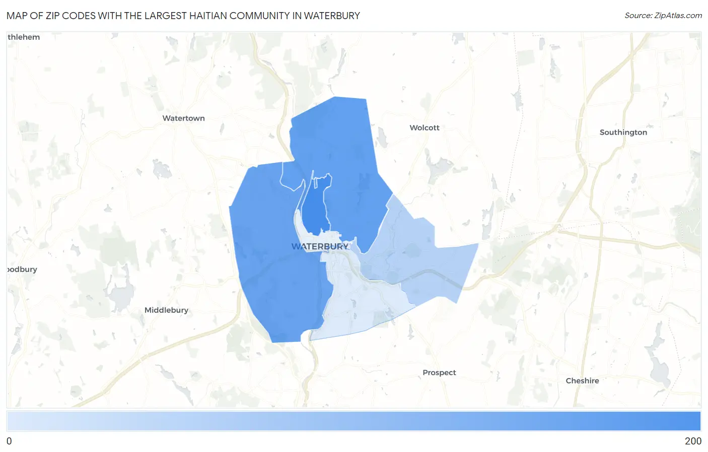 Zip Codes with the Largest Haitian Community in Waterbury Map