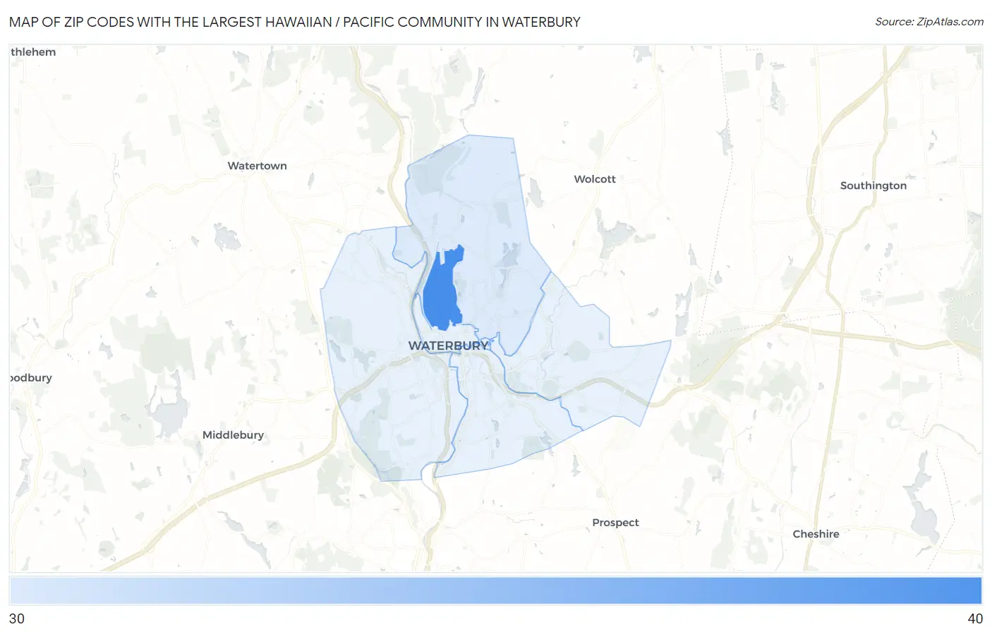 Zip Codes with the Largest Hawaiian / Pacific Community in Waterbury Map