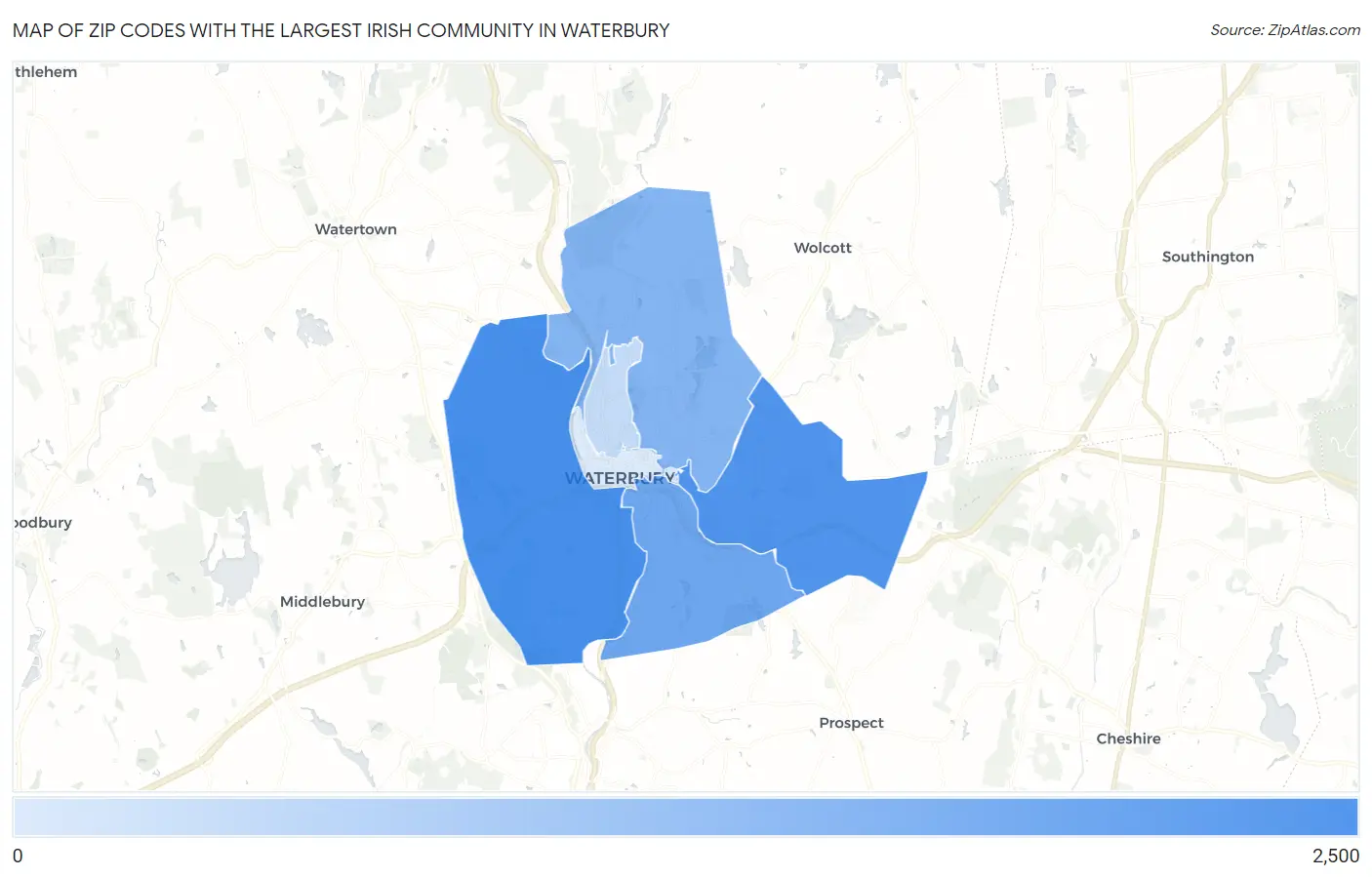 Zip Codes with the Largest Irish Community in Waterbury Map